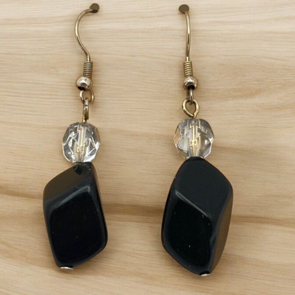 Jet Black Beaded Dangle Drop Earrings Silver Tone Retro 80s